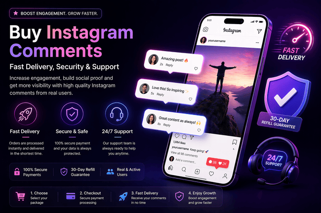 Illustration: buy Instagram comments, instant delivery, guarantee, and support (reference layout)