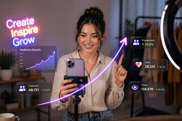 Photo: phone with social feed and engagement, creator focus